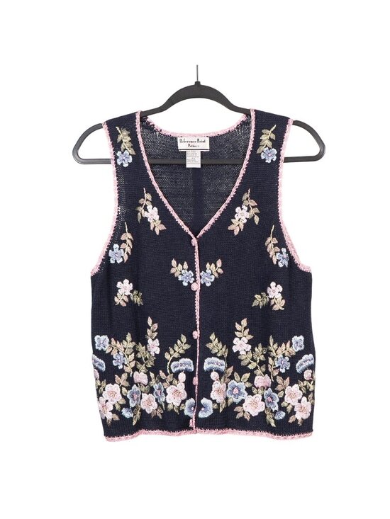 Reference Point Sweaters - Floral Sweater Vest S Petite Navy Blue Pink Buttons 90s Grammacore Cottagecore